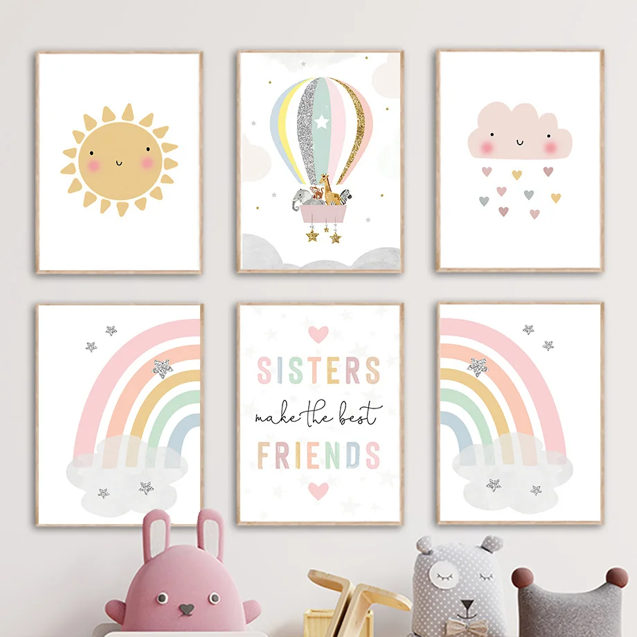 Baby Nursery Art - Giraffe Elephant Hot Balloon Sun Rainbow