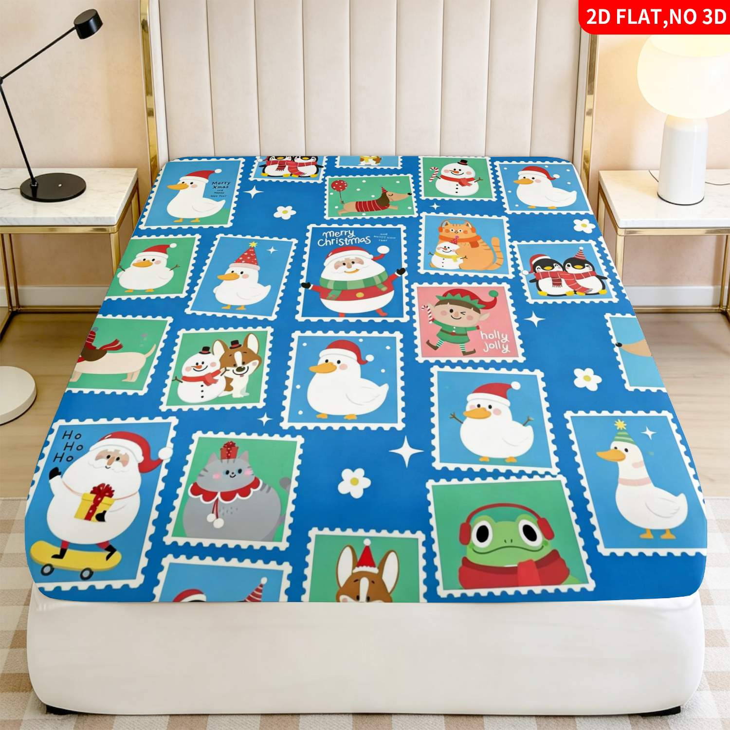Baby Nursery Bedding - Christmas Animal Stamp Pattern Blue Bedding