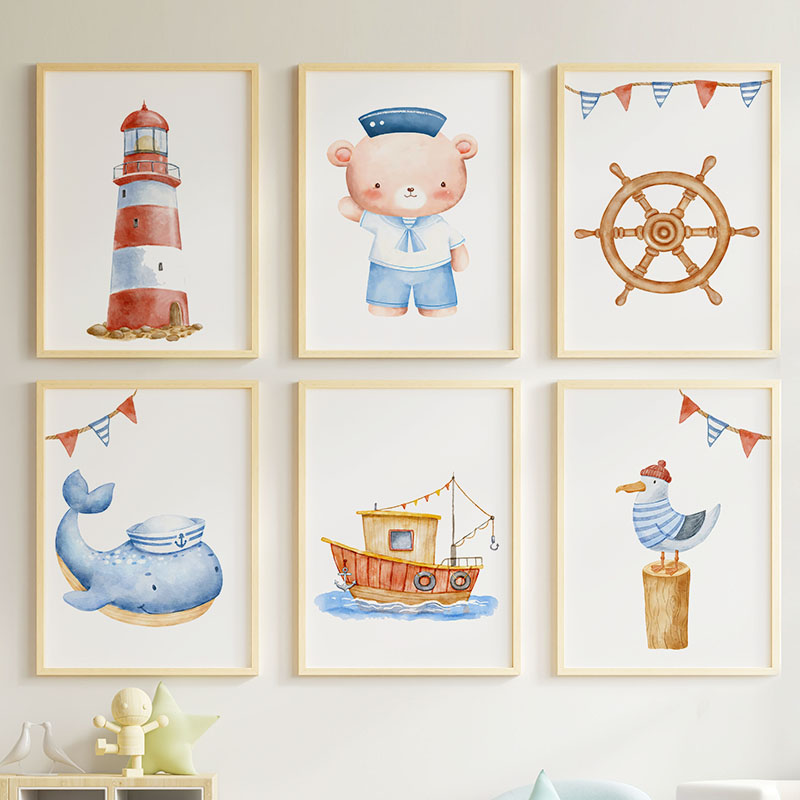 Baby Nursery Art - Bear Whale Sailboat Lighthouse Nautical Nursery