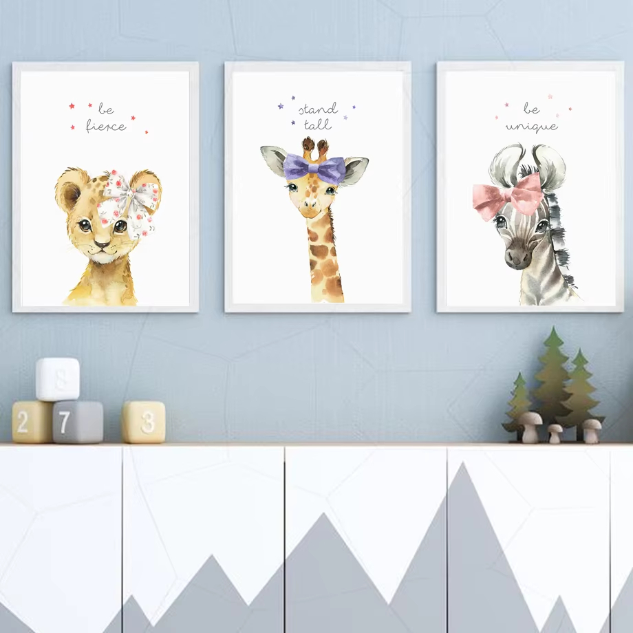 Baby Nursery Animal Pictures - Lion Zebra Giraffe Elephant Hippo Flower