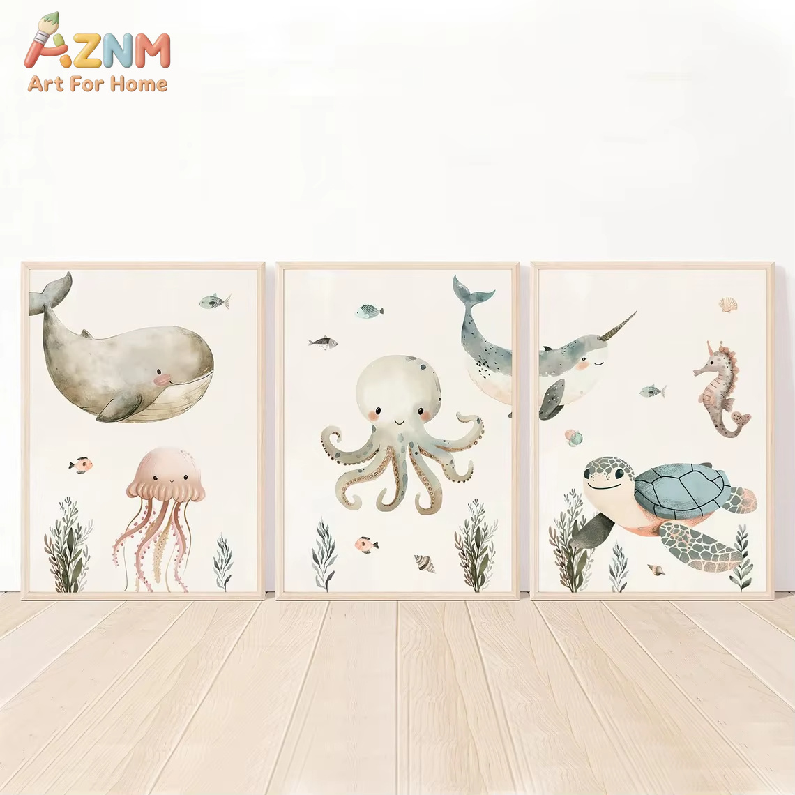 AZNM Watercolor Cute Ocean Ani - Baby Nursery Art 评论和价格