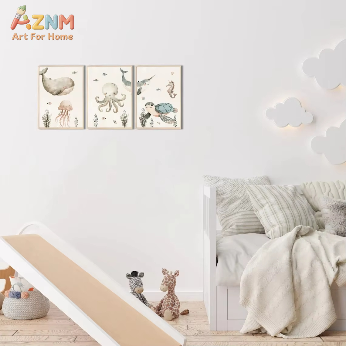 AZNM Watercolor Cute Ocean Ani - Baby Nursery Art 评论和价格