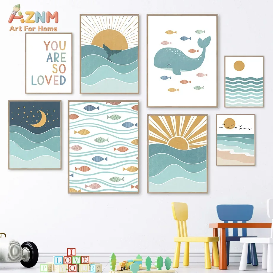 AZNM Boho Ocean Canvas Wall Ar - Baby Nursery Art 评论和价格