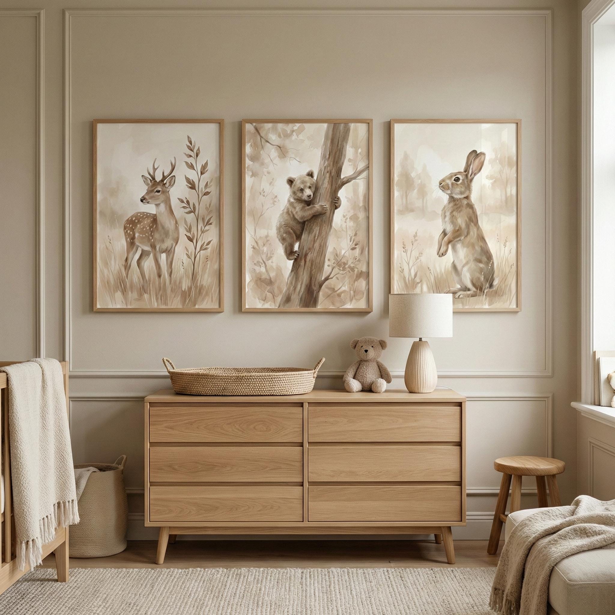 Woodland Animals Print Neutral - Baby Nursery Art 评论和价格