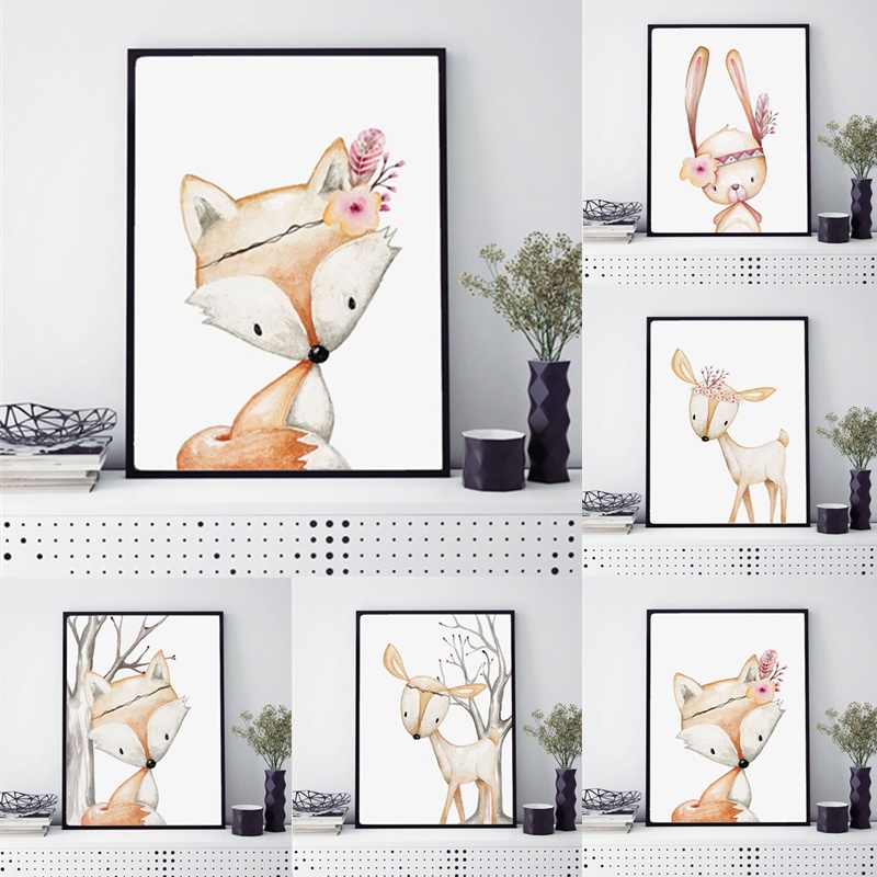 Cartoon Rabbit Poster Fox Deer - Baby Nursery Animal Pictures 评论和价格