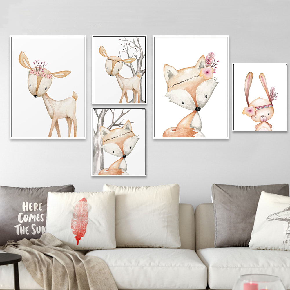 Cartoon Rabbit Poster Fox Deer - Baby Nursery Animal Pictures 评论和价格