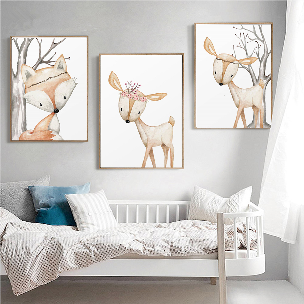 Cartoon Rabbit Poster Fox Deer - Baby Nursery Animal Pictures 评论和价格