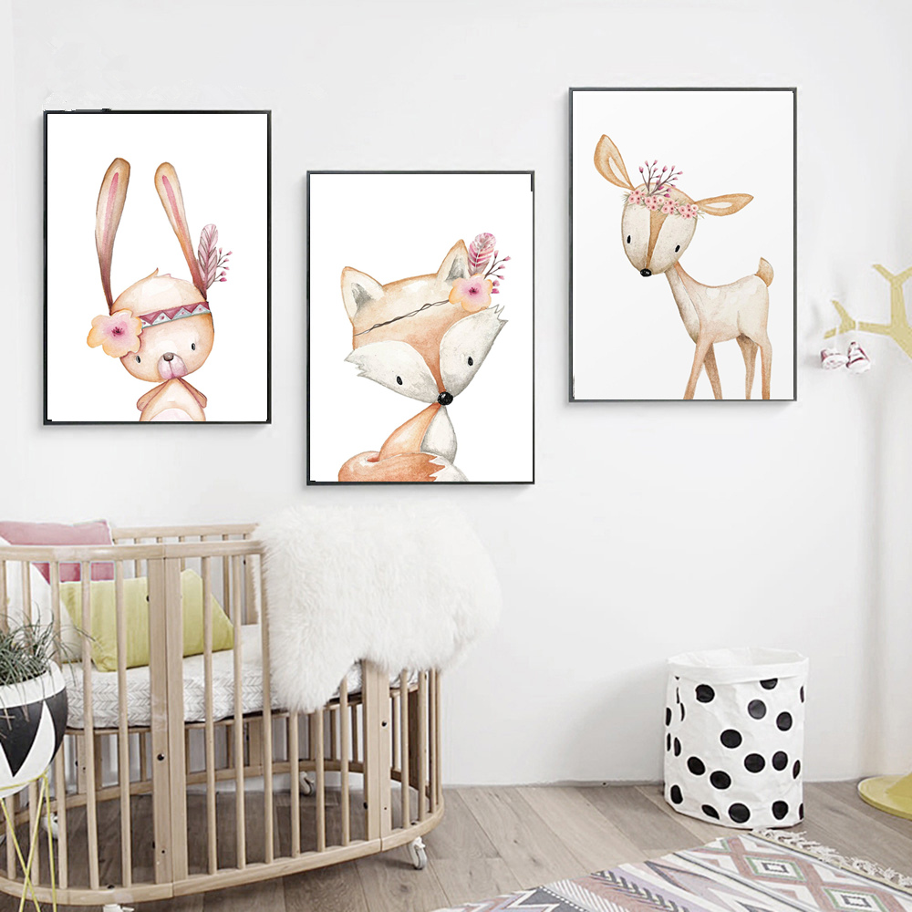 Cartoon Rabbit Poster Fox Deer - Baby Nursery Animal Pictures 评论和价格