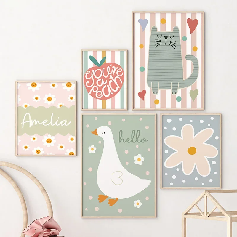 Cartoon Cat Duck Bird Apple Cu - Baby Nursery Art 评论和价格