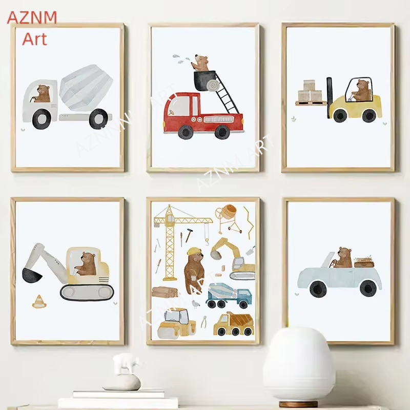 Cute Boho Bear Crane Excavator - Baby Nursery Art 评论和价格